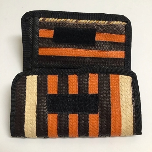 Handmade Woven Straw Wallet Zip Pouch Stripe Clutch Raffia Natural Brown Orange - Picture 2 of 9
